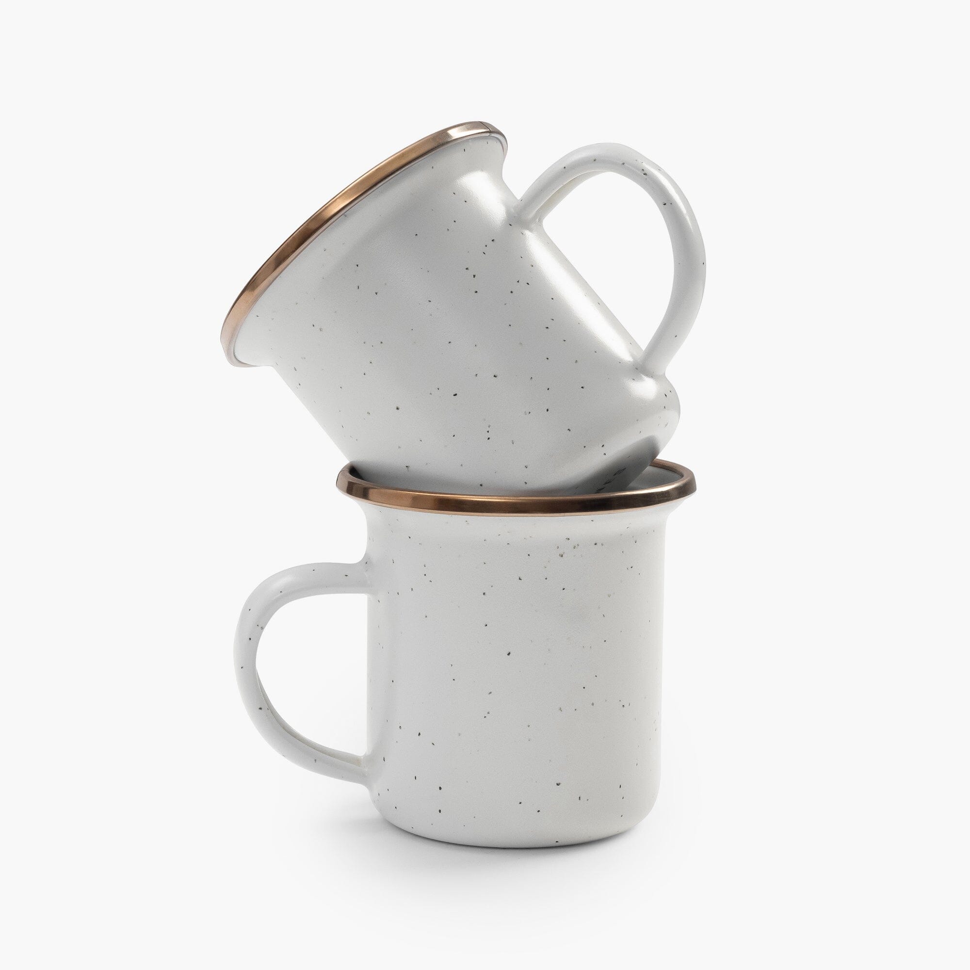 Two stacked 5 oz speckled eggshell enamel espresso cups with copper plated rims on a white background.