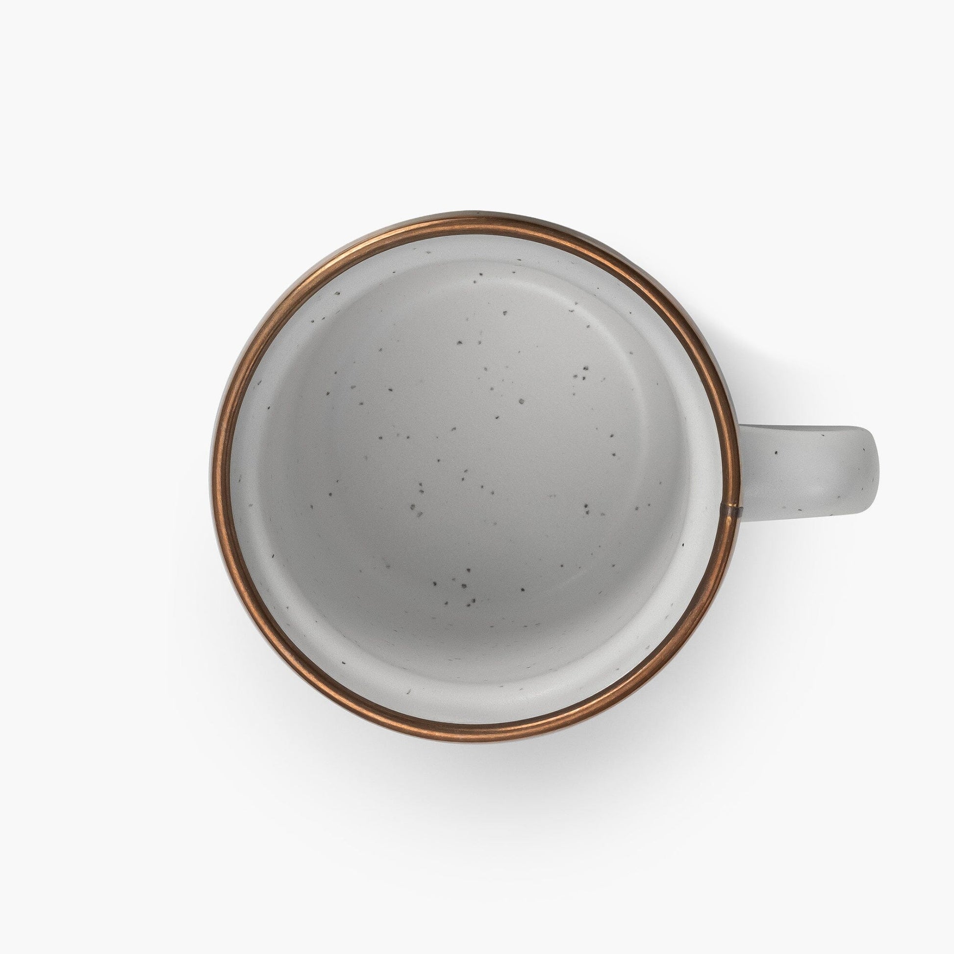 5 oz speckled eggshell enamel espresso cup with copper plated rim on viewed from above on a white background.