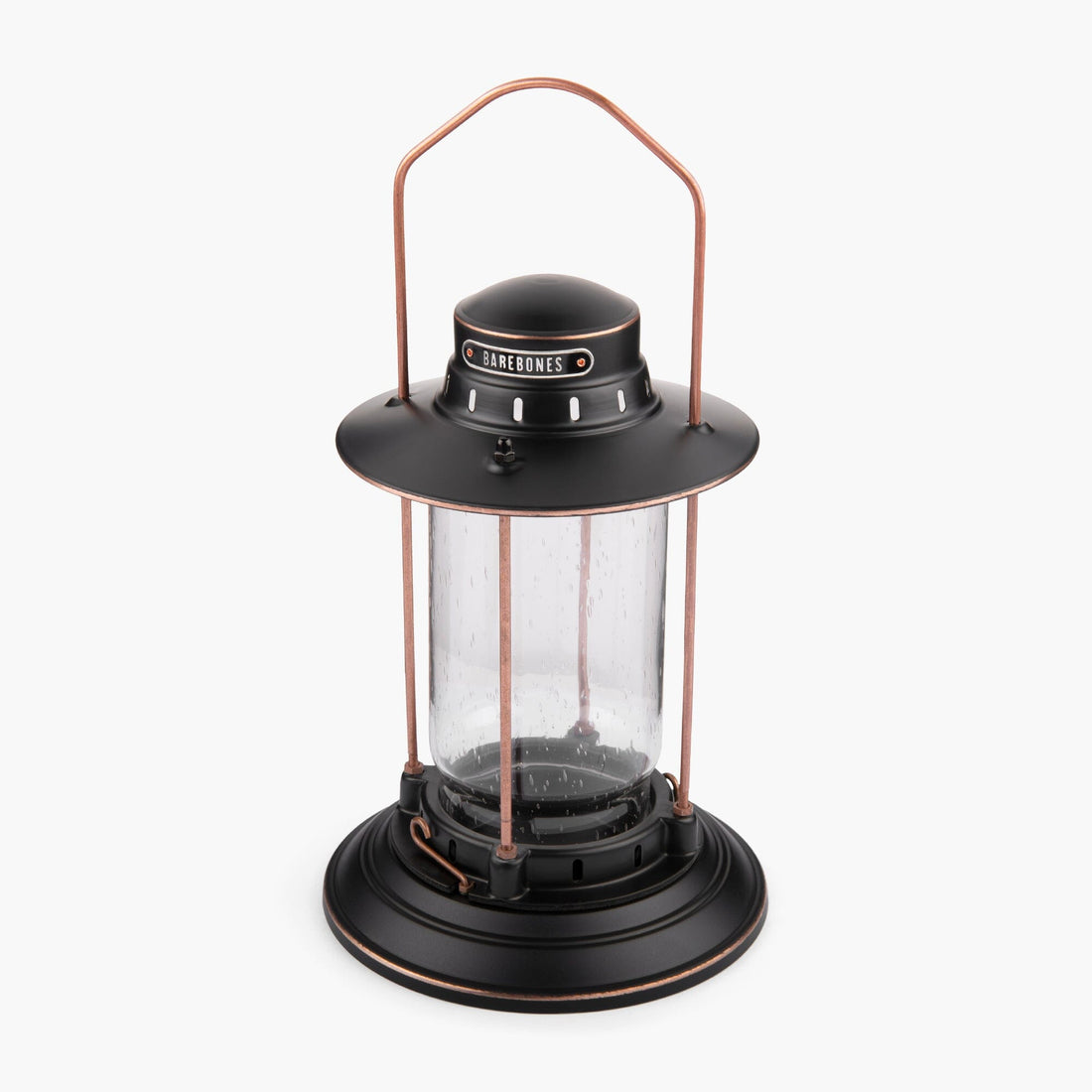 Barebones Vintage-style Hurricane Lantern with clear seaded glass and bronze metal accents on a white background